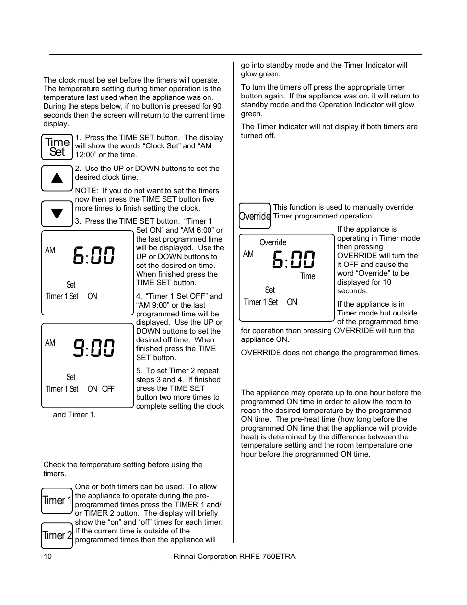 Timer 1 timer 2, Time set, Override | Rinnai DIRECT VENT FIREPLACE RHFE-750ETRA User Manual | Page 10 / 40