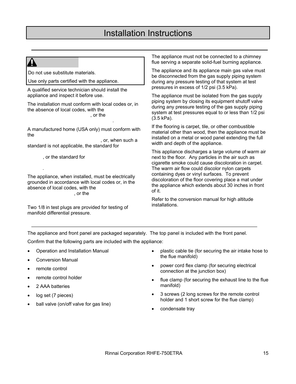 Installation instructions, Warning | Rinnai DIRECT VENT FIREPLACE RHFE-750ETRA User Manual | Page 15 / 40