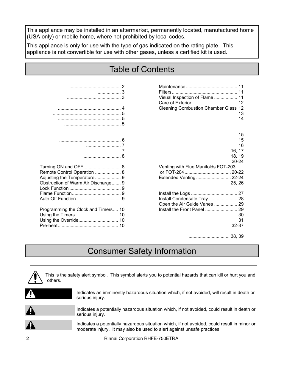 Table of contents consumer safety information, Caution warning danger, Safety definitions | Rinnai DIRECT VENT FIREPLACE RHFE-750ETRA User Manual | Page 2 / 40