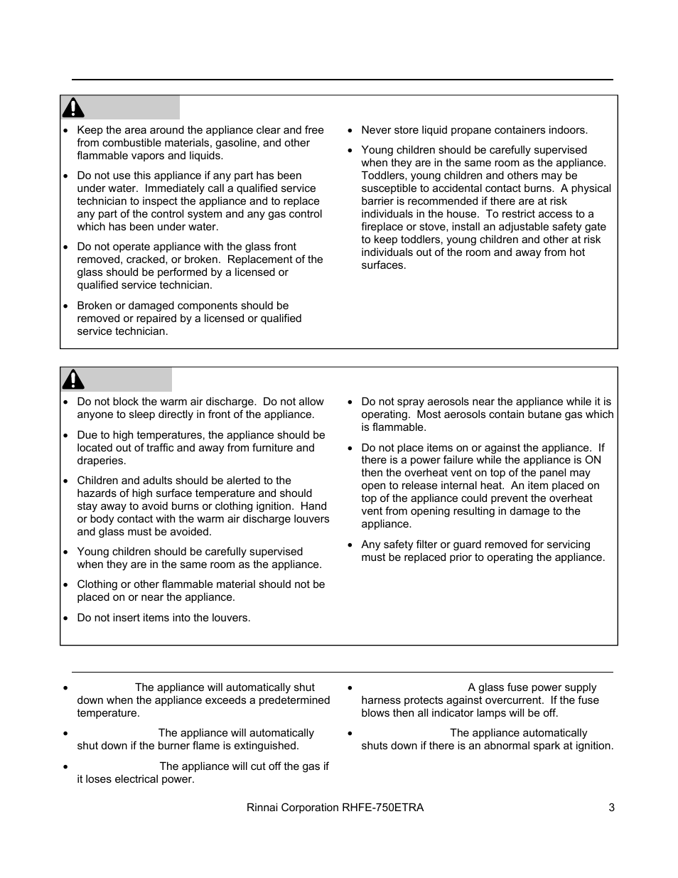 Warning, Caution | Rinnai DIRECT VENT FIREPLACE RHFE-750ETRA User Manual | Page 3 / 40