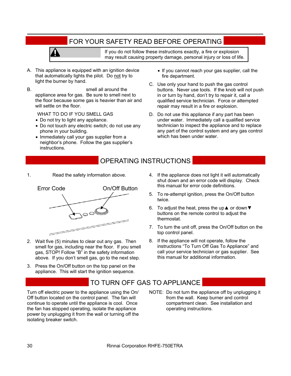 Warning | Rinnai DIRECT VENT FIREPLACE RHFE-750ETRA User Manual | Page 30 / 40