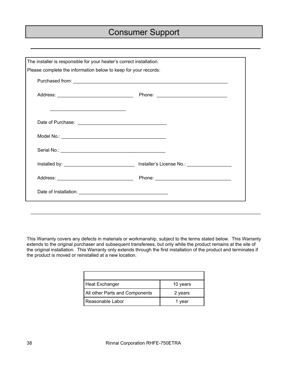 Consumer support | Rinnai DIRECT VENT FIREPLACE RHFE-750ETRA User Manual | Page 38 / 40