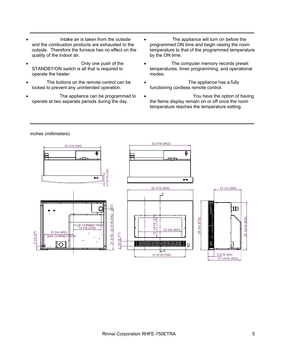 Features, Dimensions | Rinnai DIRECT VENT FIREPLACE RHFE-750ETRA User Manual | Page 5 / 40
