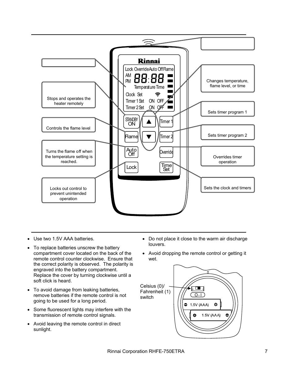 Remote control features, Remote control care | Rinnai DIRECT VENT FIREPLACE RHFE-750ETRA User Manual | Page 7 / 40