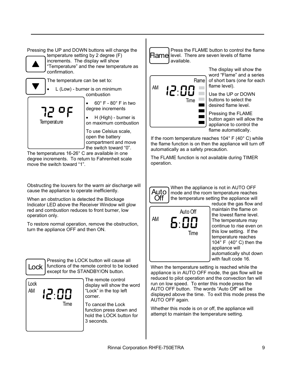 Flame, Lock, Auto off | Rinnai DIRECT VENT FIREPLACE RHFE-750ETRA User Manual | Page 9 / 40