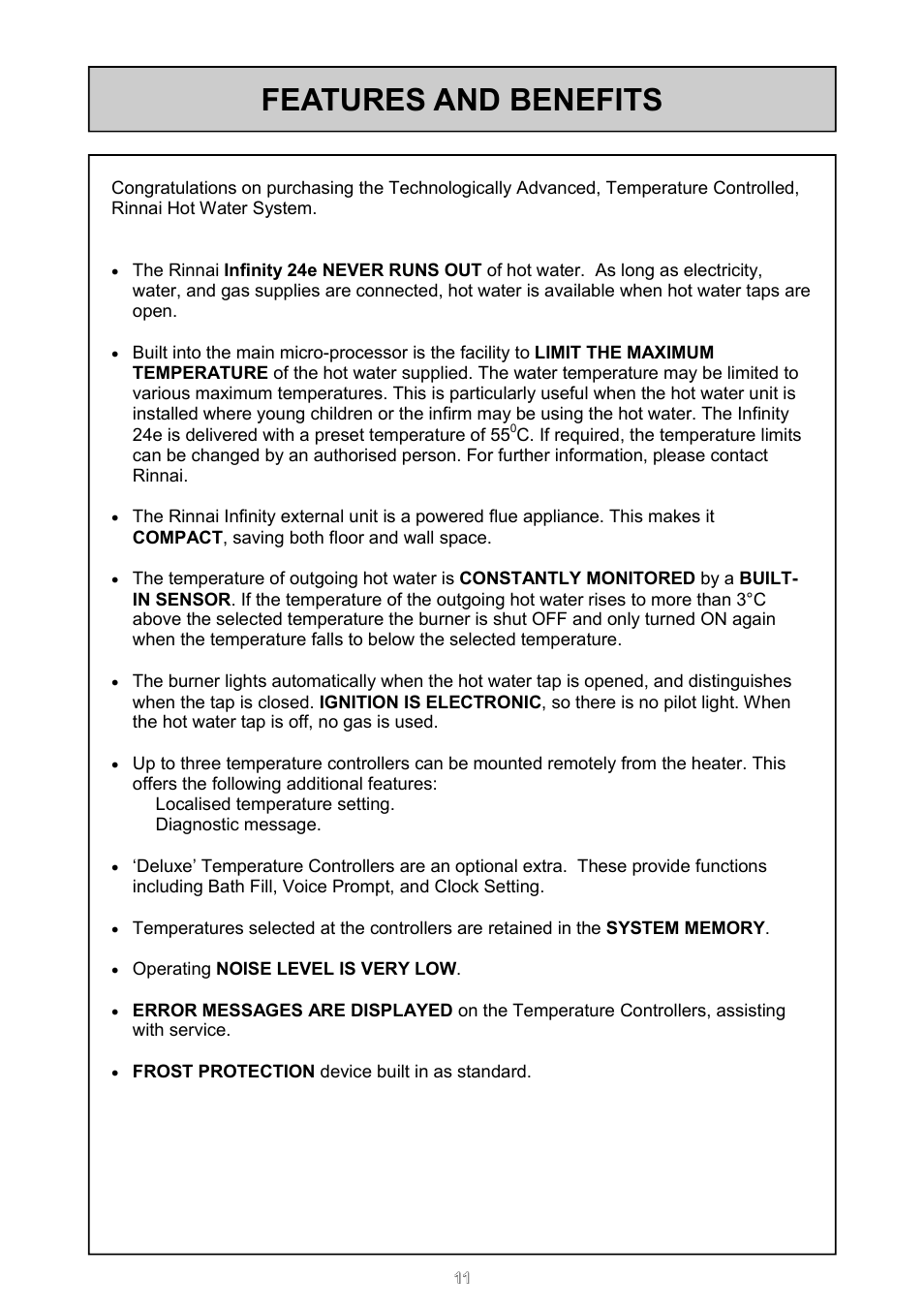 Features and benefits | Rinnai 24e User Manual | Page 11 / 39