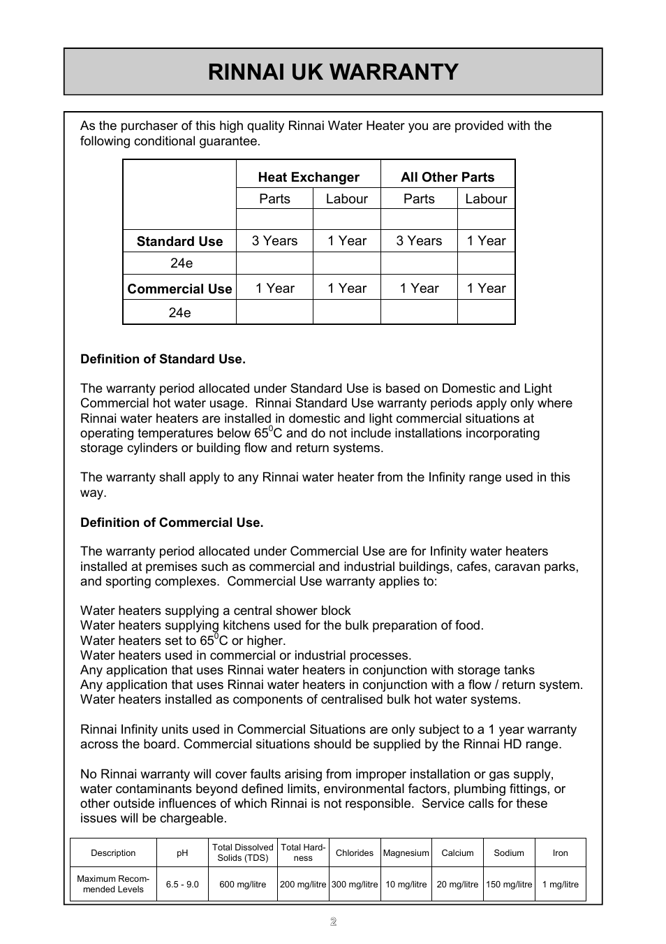 Rinnai uk warranty | Rinnai 24e User Manual | Page 2 / 39