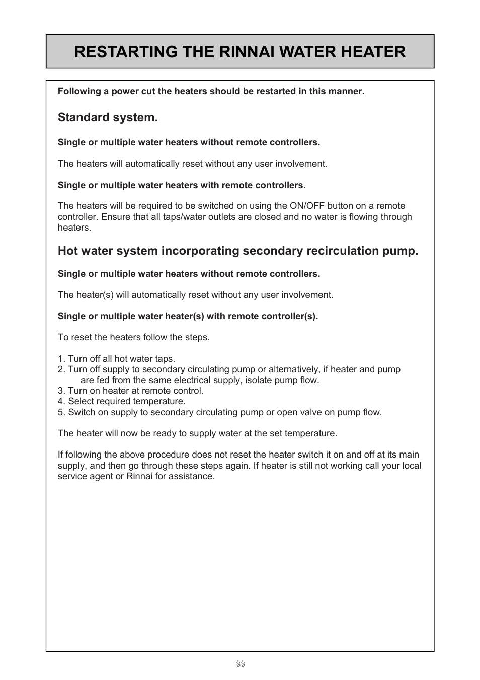 Restarting the rinnai water heater, Standard system | Rinnai 24e User Manual | Page 33 / 39