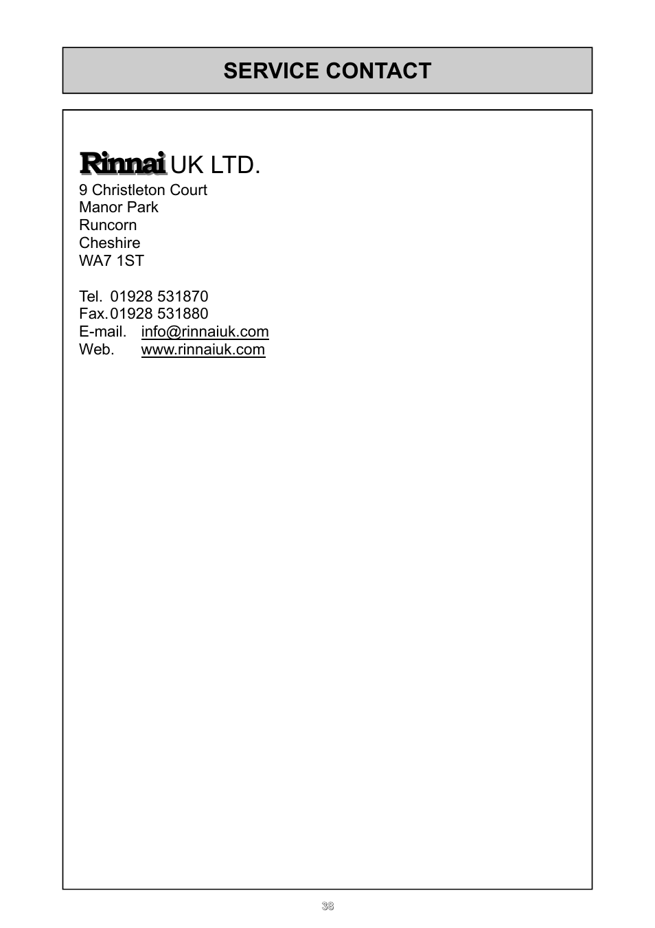 Rinnai, Uk ltd, Service contact | Rinnai 24e User Manual | Page 38 / 39