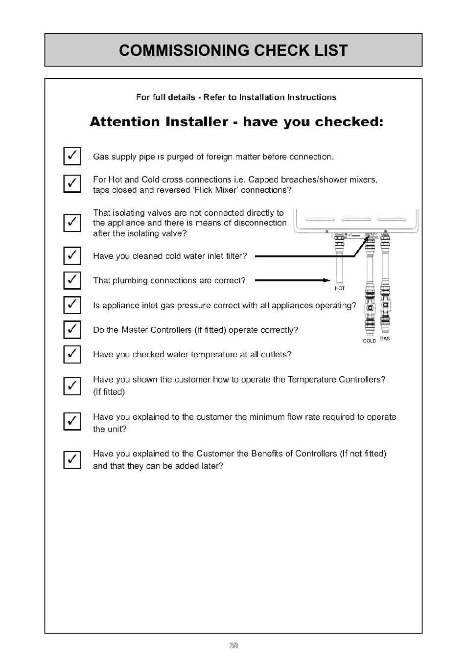 Commissioning check list | Rinnai 24e User Manual | Page 39 / 39