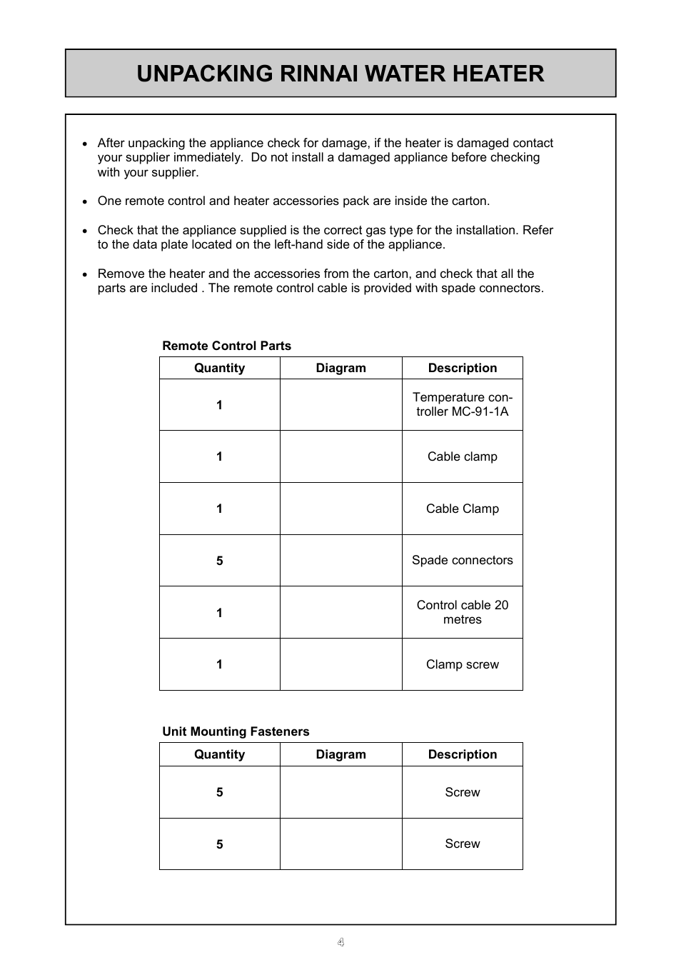 Unpacking rinnai water heater | Rinnai 24e User Manual | Page 4 / 39