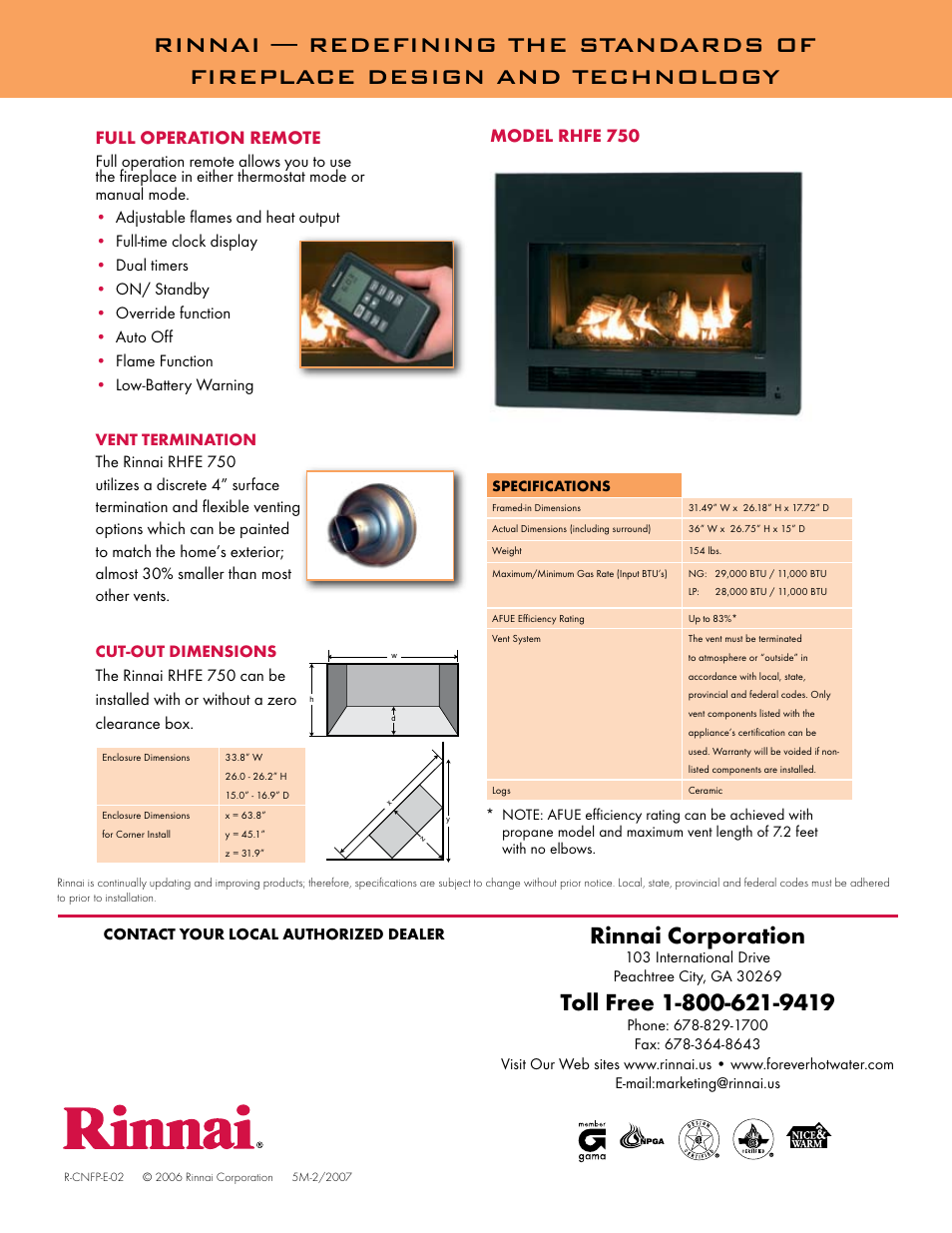 Rinnai corporation, Full operation remote, Model rhfe 750 | Rinnai RHFE 750 User Manual | Page 2 / 2