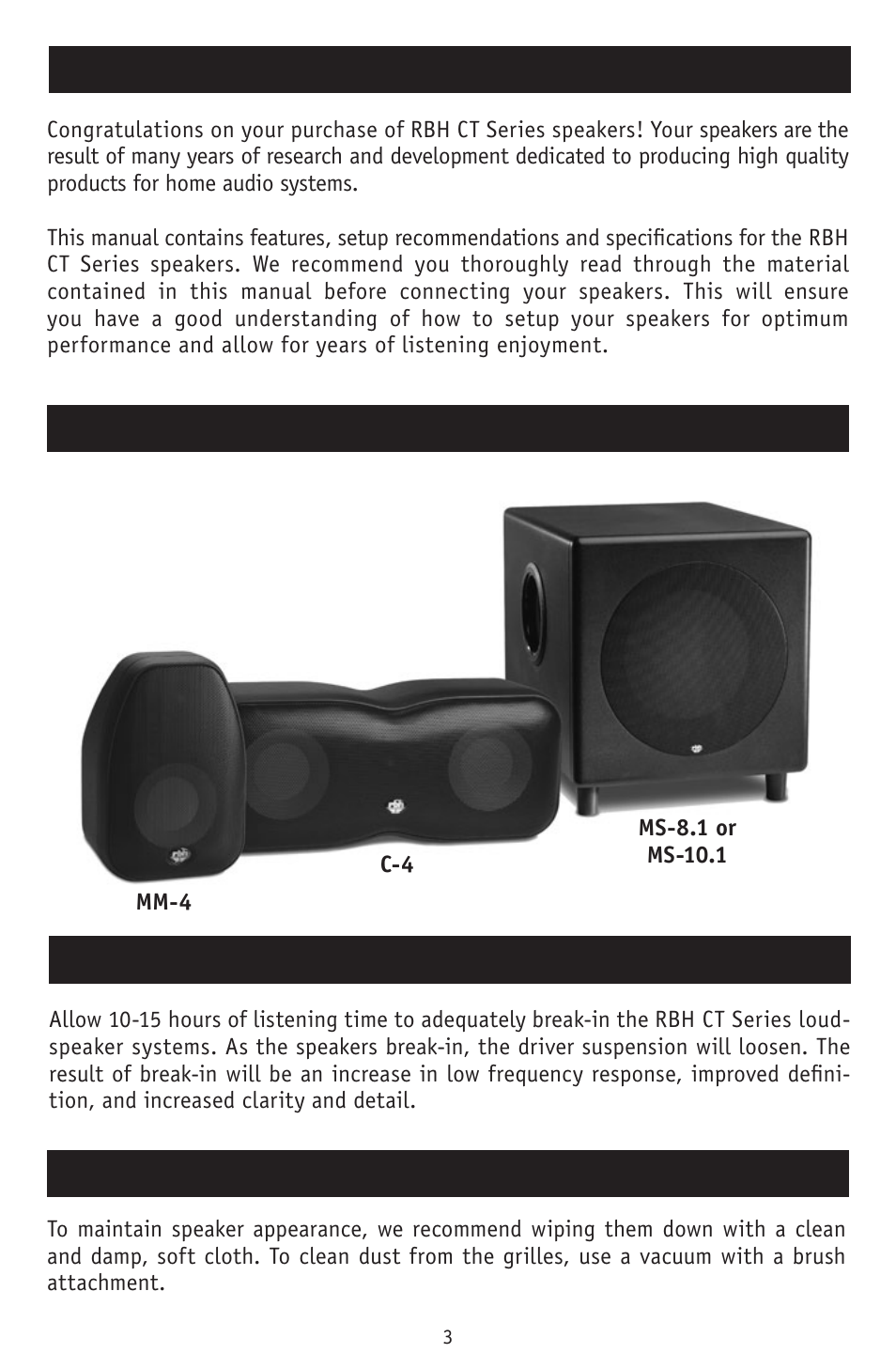 Introduction, Break-in period, Care and cleaning | Ct series loudspeakers | RBH Sound CT-7 User Manual | Page 3 / 12