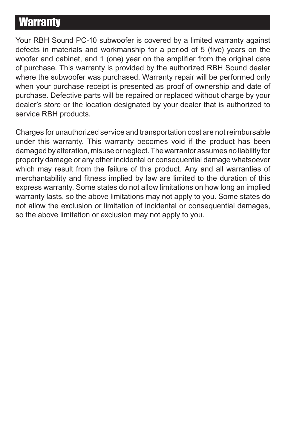 Warranty | RBH Sound PC-10 User Manual | Page 7 / 8