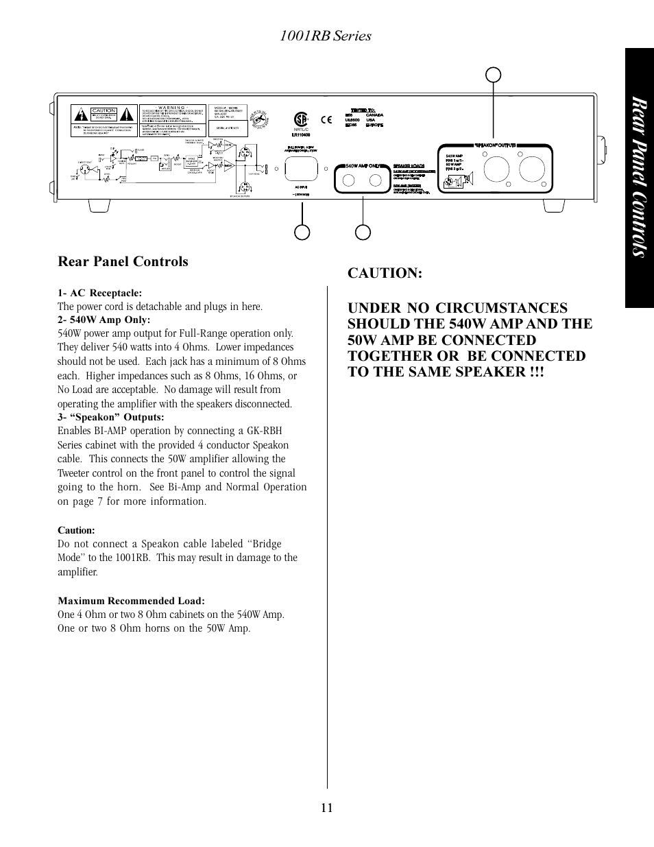 Rear panel controls | RBH Sound 1001RB/115 User Manual | Page 11 / 16