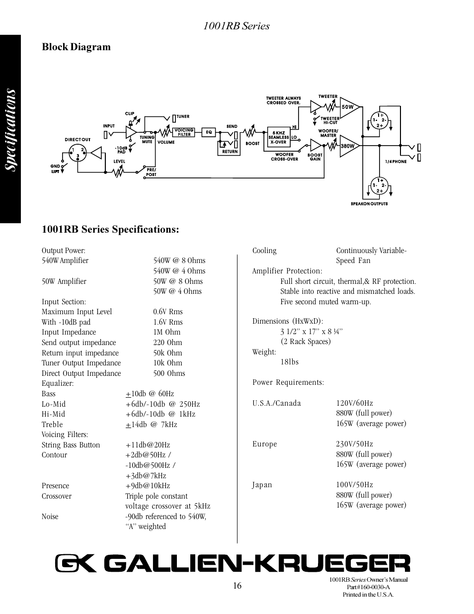 Specifications, 1001rb series, Block diagram 1001rb series specifications | RBH Sound 1001RB/115 User Manual | Page 16 / 16