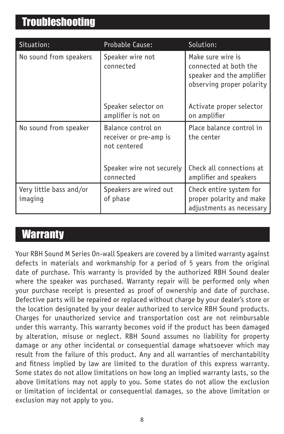 Troubleshooting, Warranty | RBH Sound WM-24 User Manual | Page 10 / 12