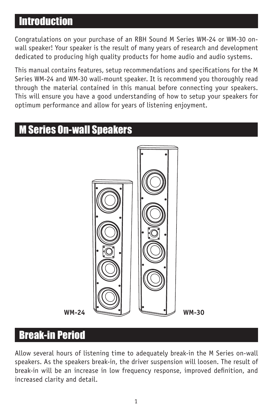 Introduction, Break-in period, M series on-wall speakers | RBH Sound WM-24 User Manual | Page 3 / 12