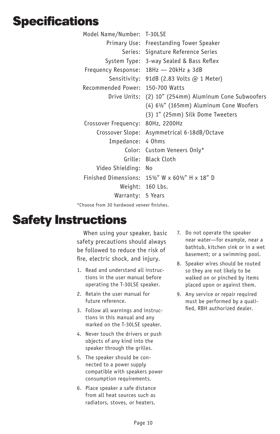 Specifications, Safety instructions | RBH Sound T-30LSE User Manual | Page 13 / 16