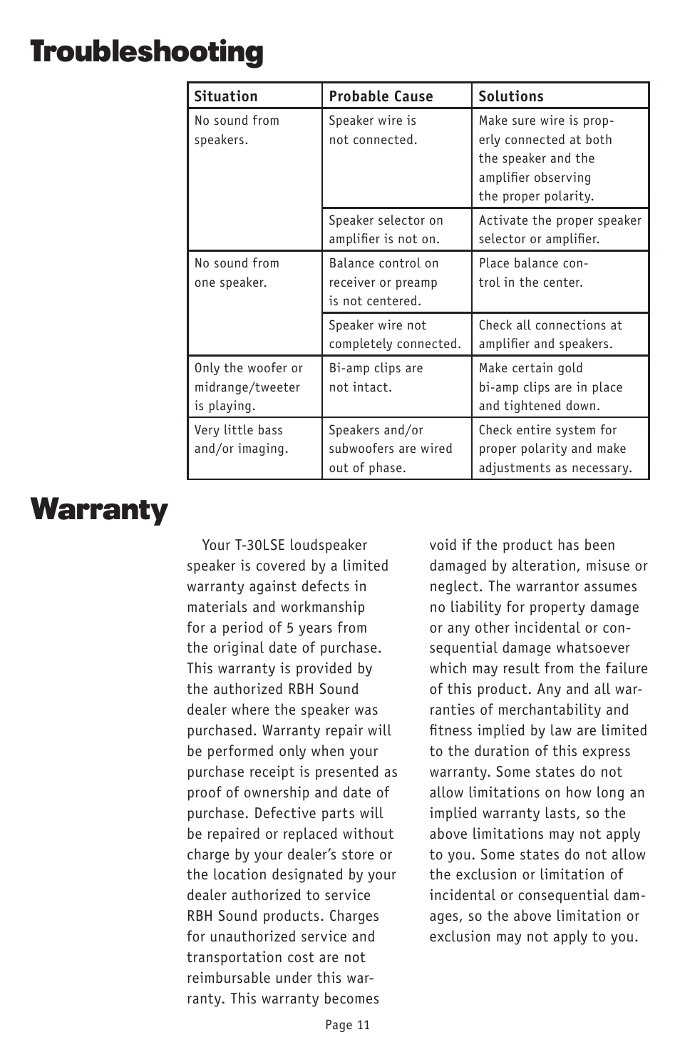 Troubleshooting, Warranty | RBH Sound T-30LSE User Manual | Page 14 / 16