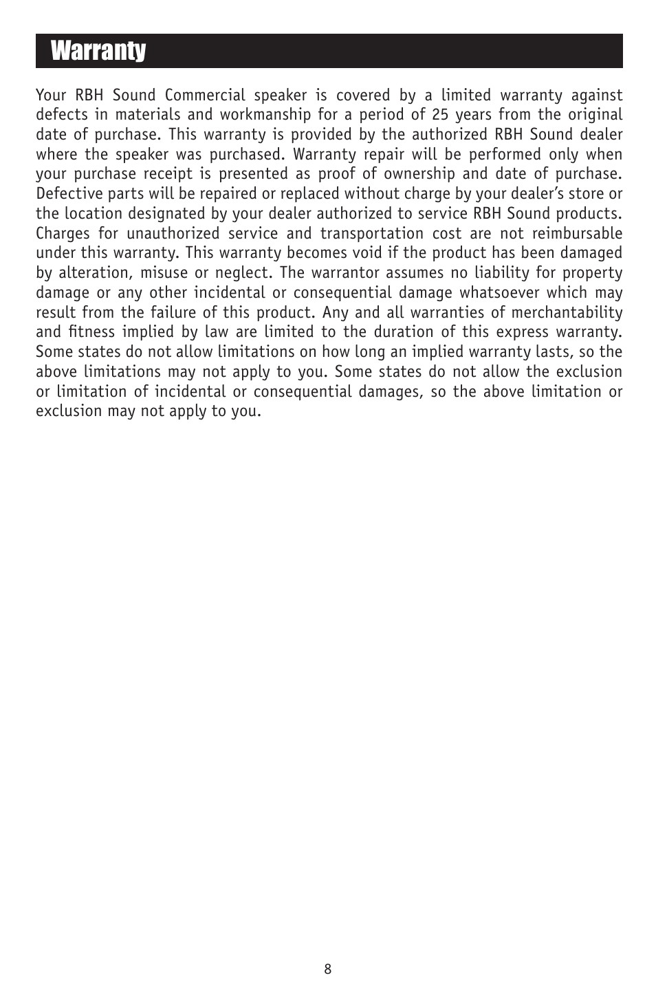 Warranty | RBH Sound MC-615-70 User Manual | Page 10 / 12
