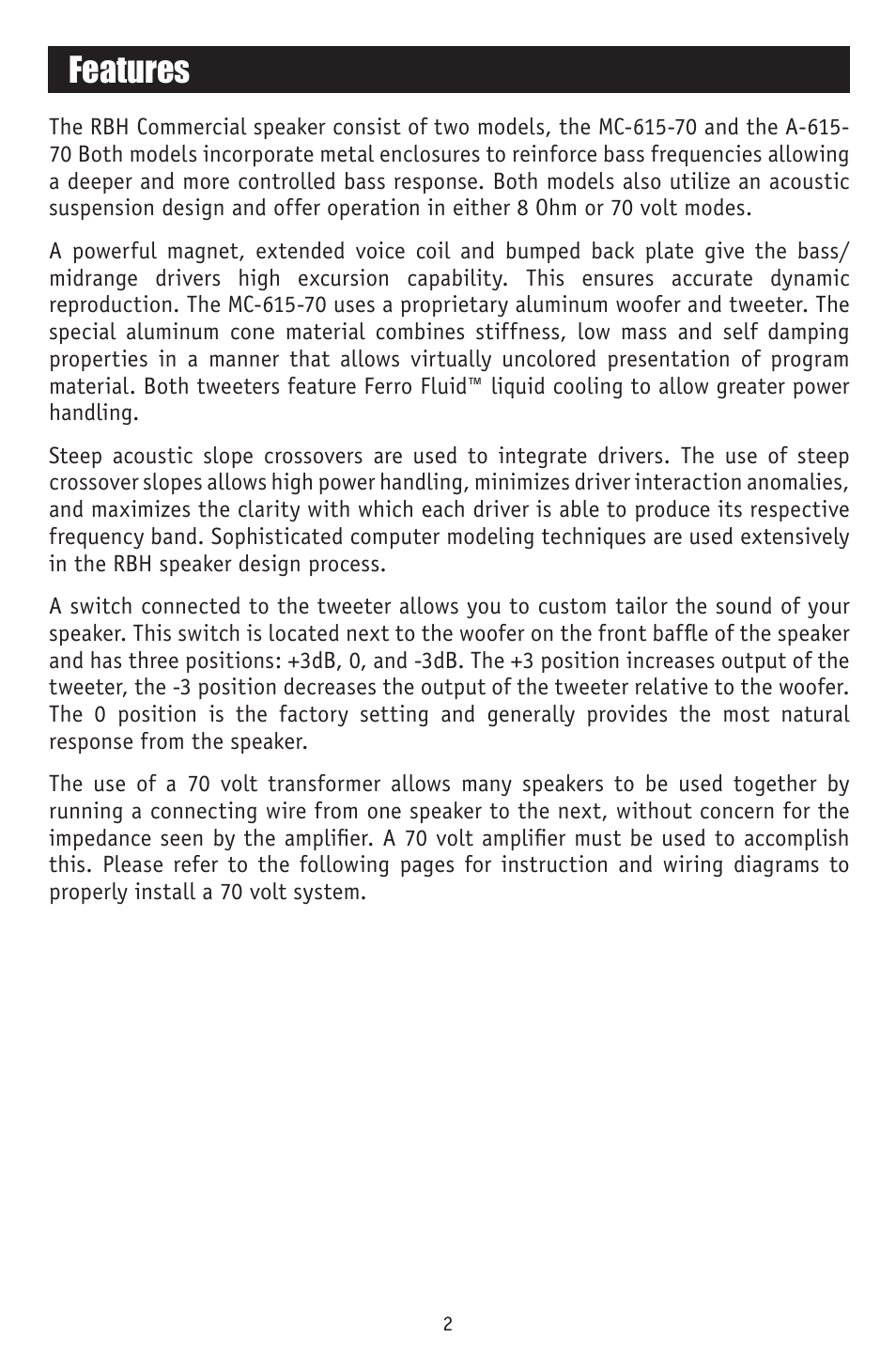 Features | RBH Sound MC-615-70 User Manual | Page 4 / 12