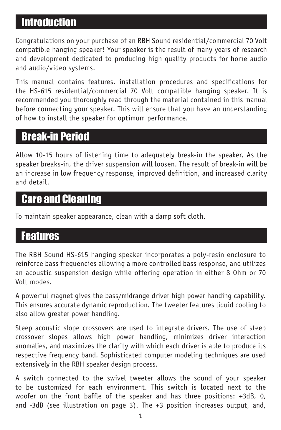 Introduction, Break-in period, Care and cleaning | Features | RBH Sound HS-615 User Manual | Page 2 / 8