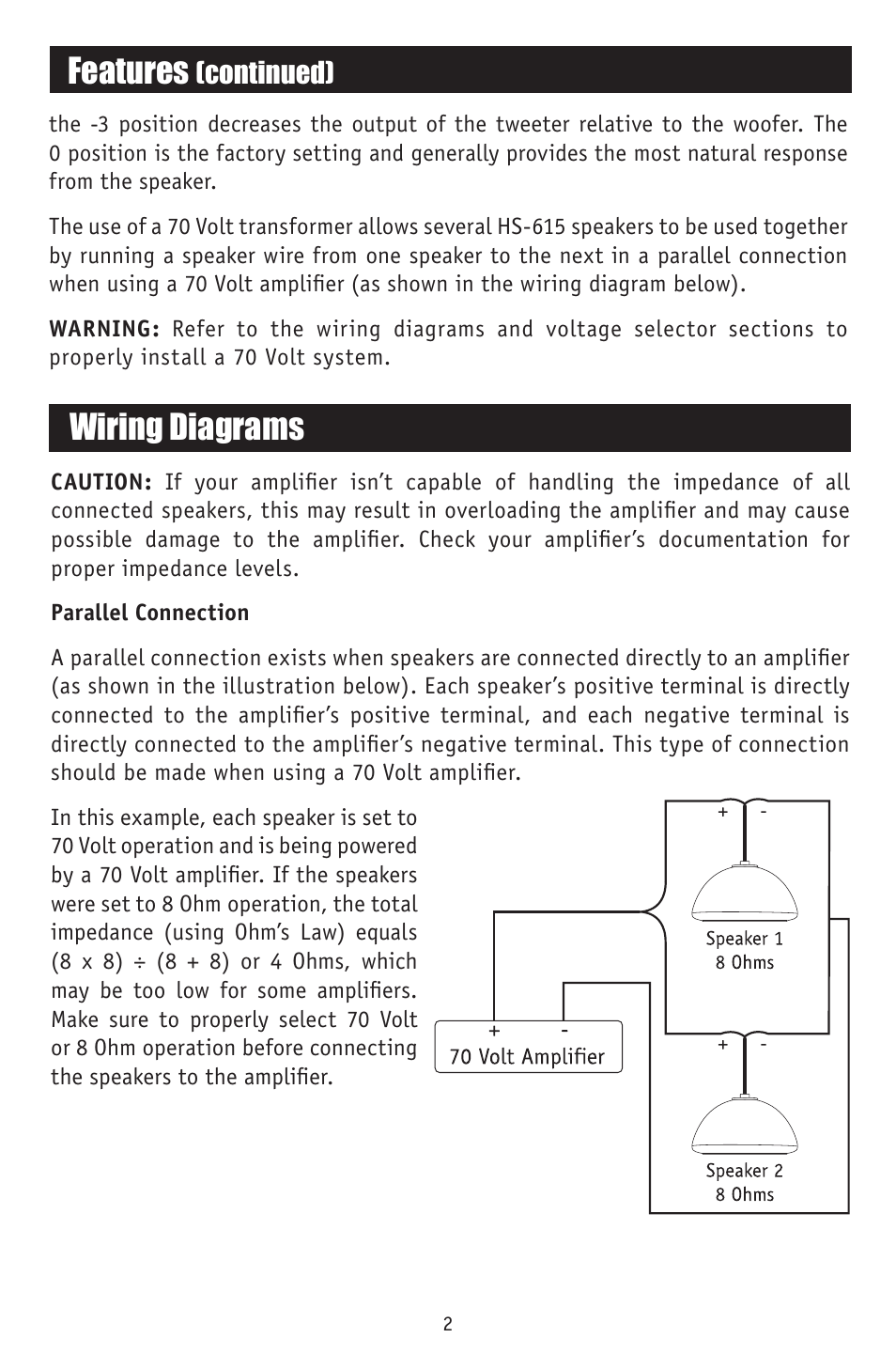 Features, Wiring diagrams | RBH Sound HS-615 User Manual | Page 3 / 8