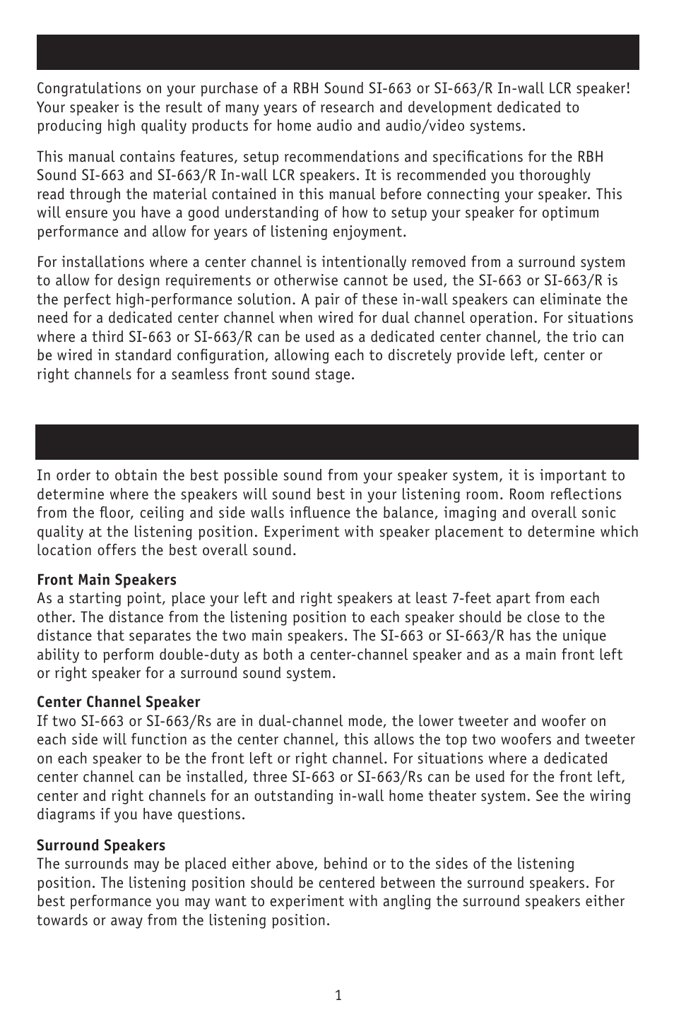 Introduction, Speaker placement | RBH Sound SI-663 User Manual | Page 2 / 8