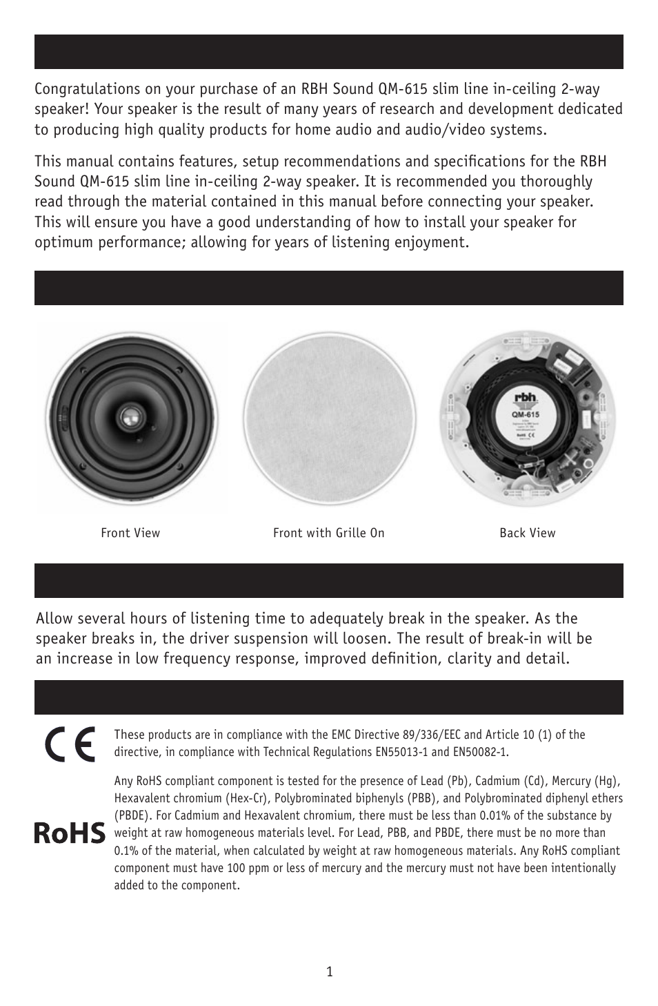 Introduction qm-615 in-ceiling 2-way speaker, Break in period, Safety compliance | RBH Sound QM-615 User Manual | Page 3 / 12