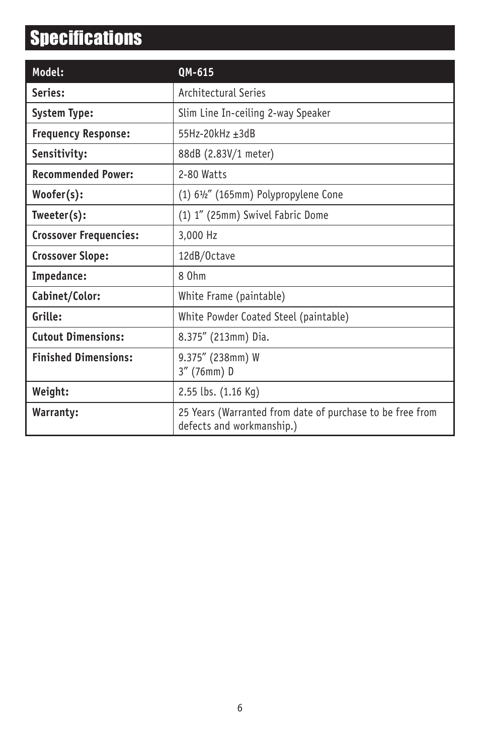 Specifications | RBH Sound QM-615 User Manual | Page 8 / 12