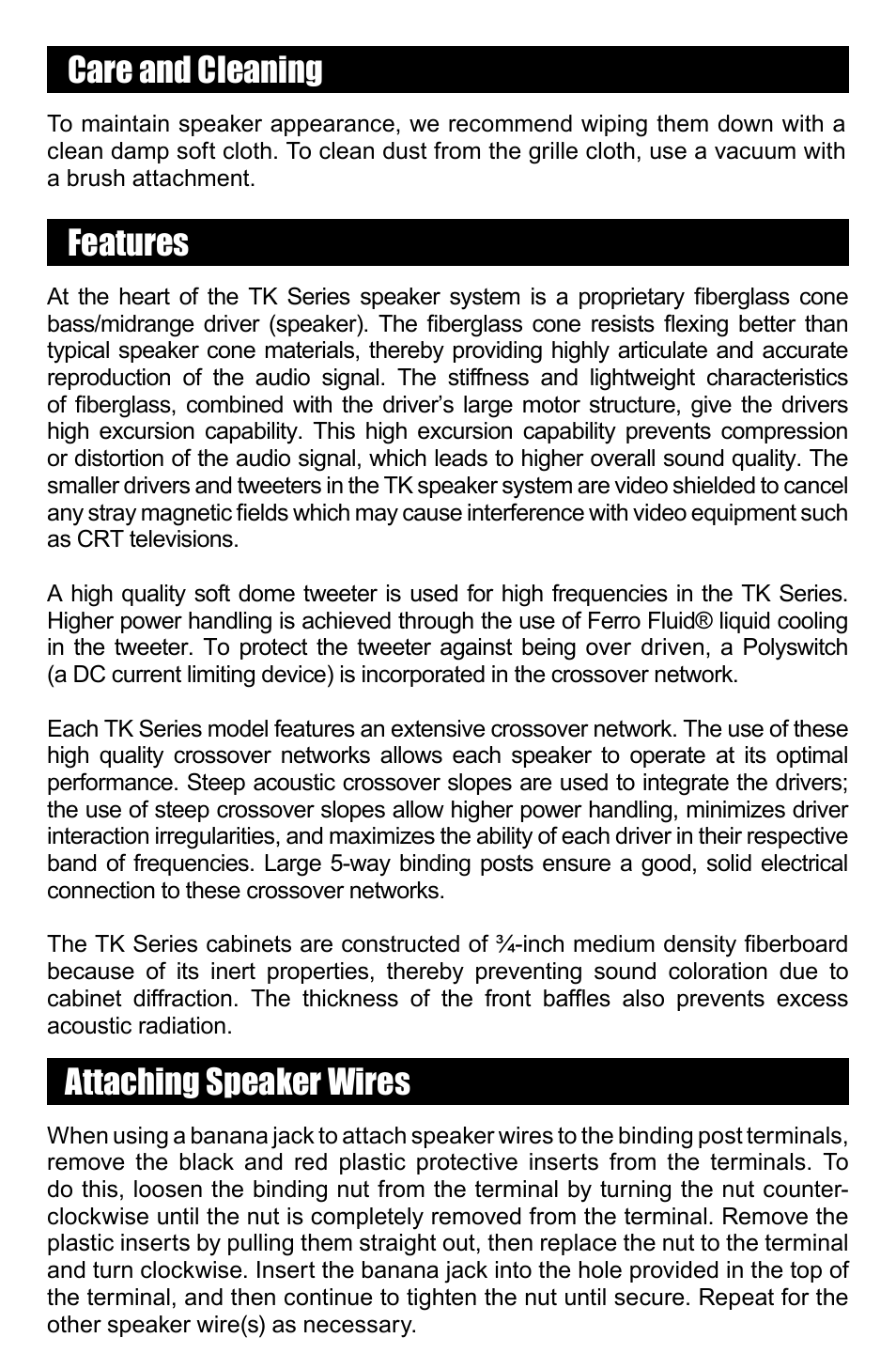 Care and cleaning, Features, Attaching speaker wires | RBH Sound TK Series User Manual | Page 3 / 8