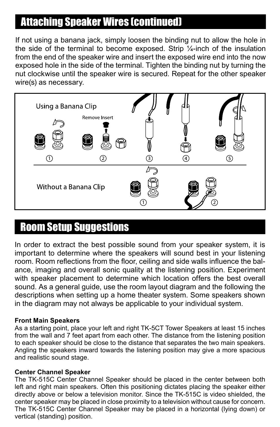 Room setup suggestions, Attaching speaker wires (continued) | RBH Sound TK Series User Manual | Page 4 / 8