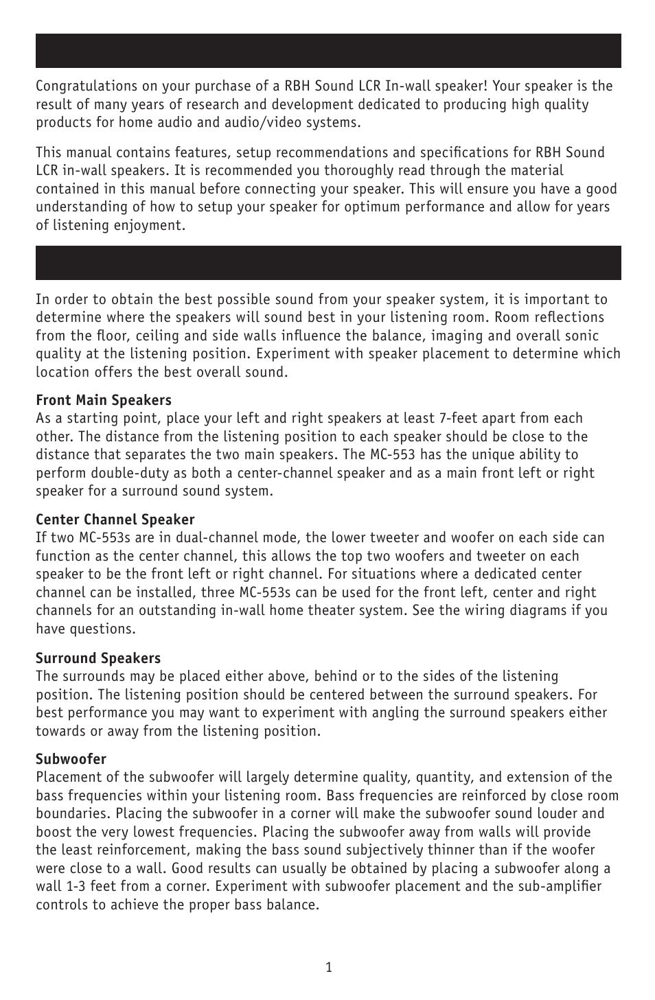 Introduction speaker placement | RBH Sound MC-553LCR User Manual | Page 3 / 12