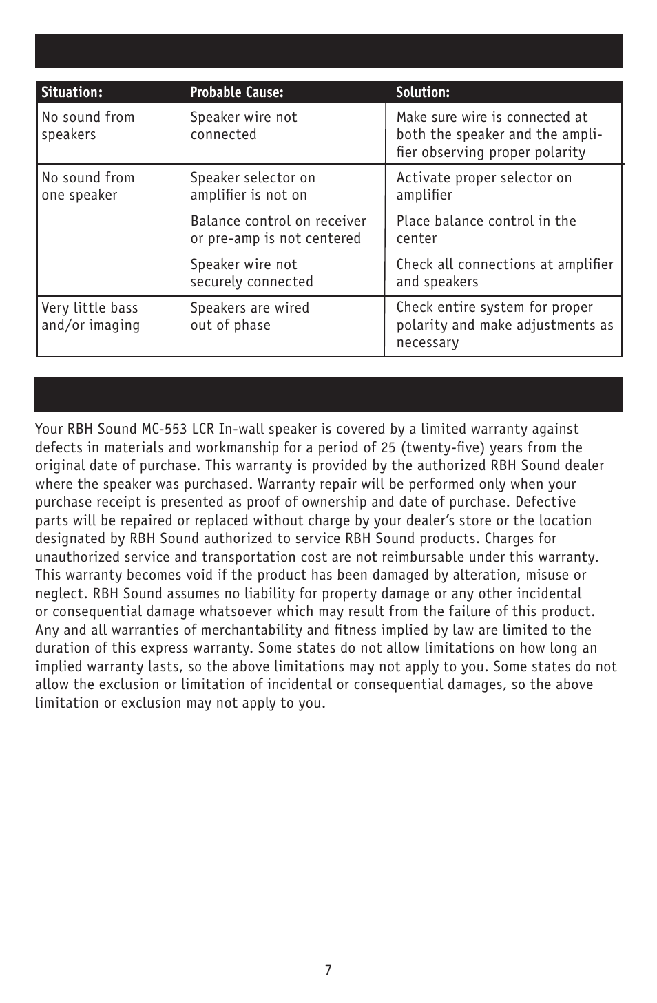 Troubleshooting warranty | RBH Sound MC-553LCR User Manual | Page 9 / 12