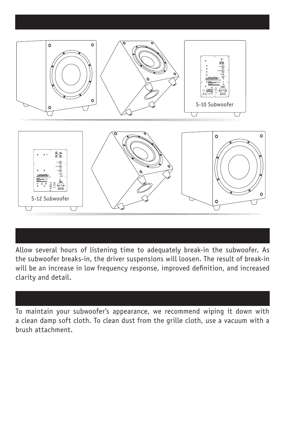 Break in period, S-10 and s-12 powered subwoofer care and cleaning | RBH Sound S-10 User Manual | Page 4 / 16