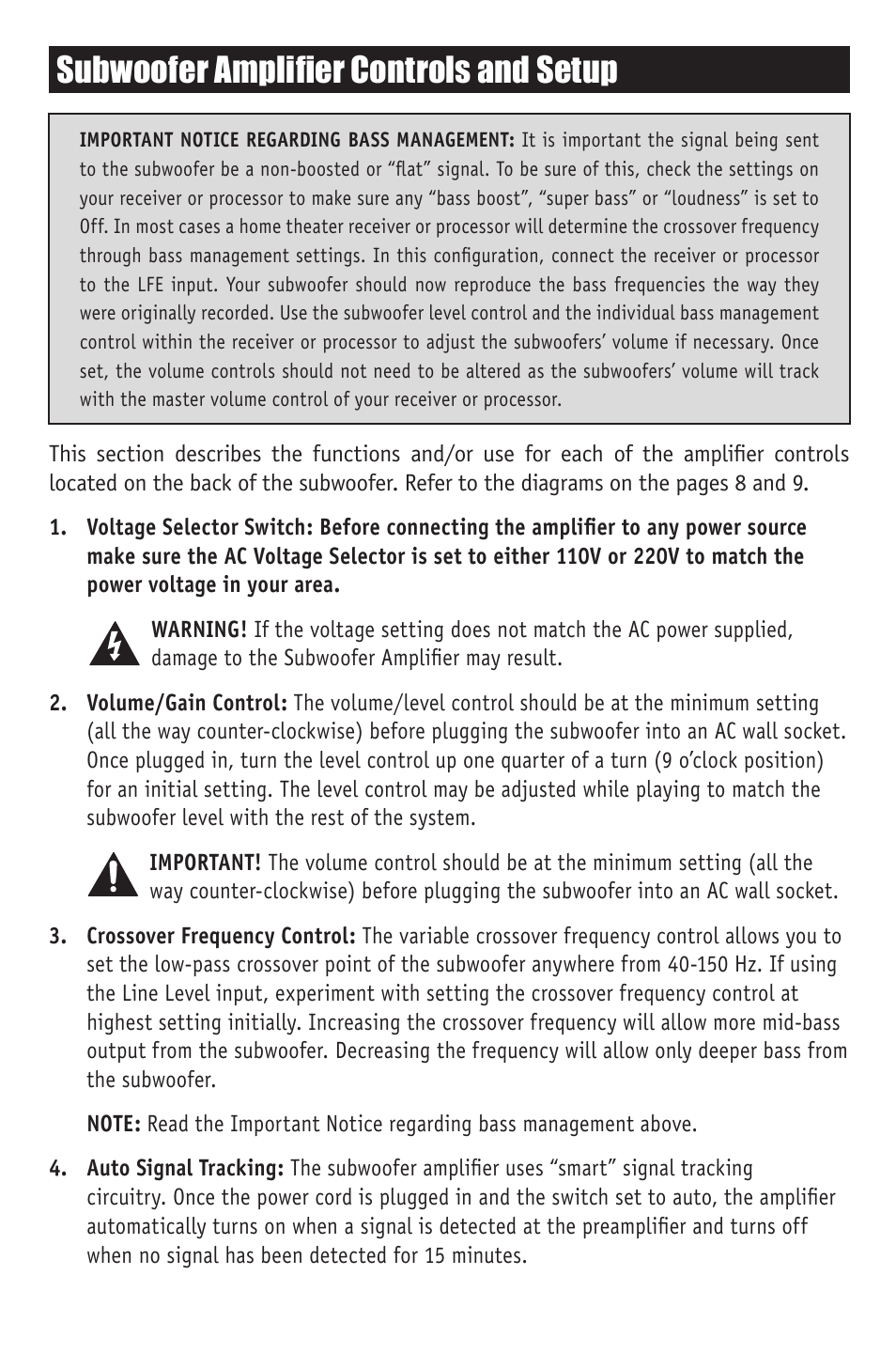 Subwoofer amplifier controls and setup | RBH Sound S-10 User Manual | Page 8 / 16