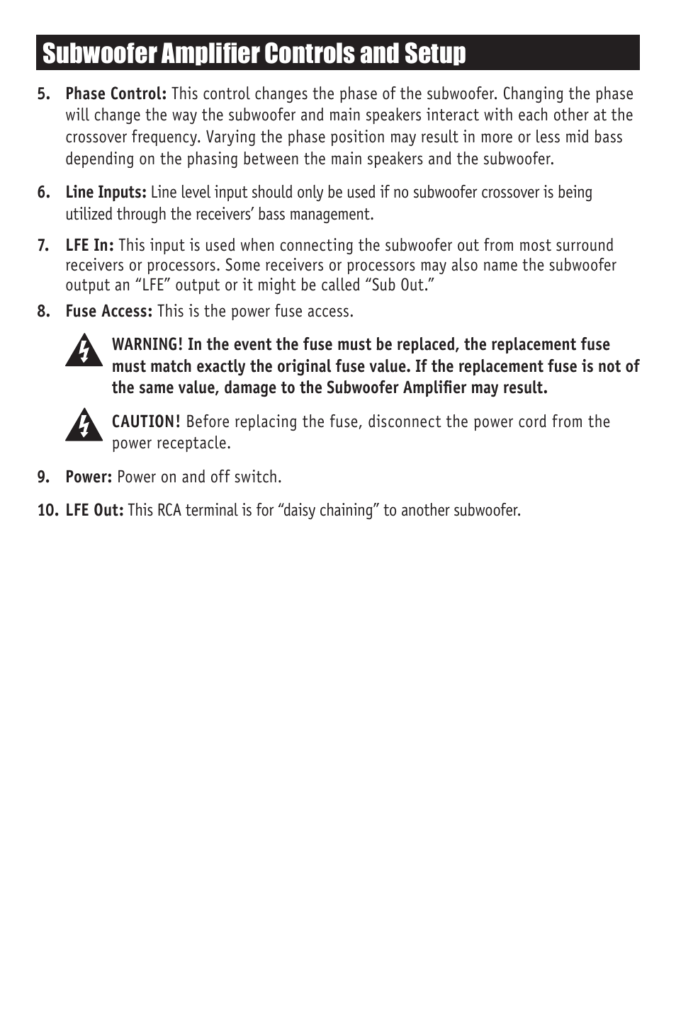 Subwoofer amplifier controls and setup, Continued) | RBH Sound S-10 User Manual | Page 9 / 16