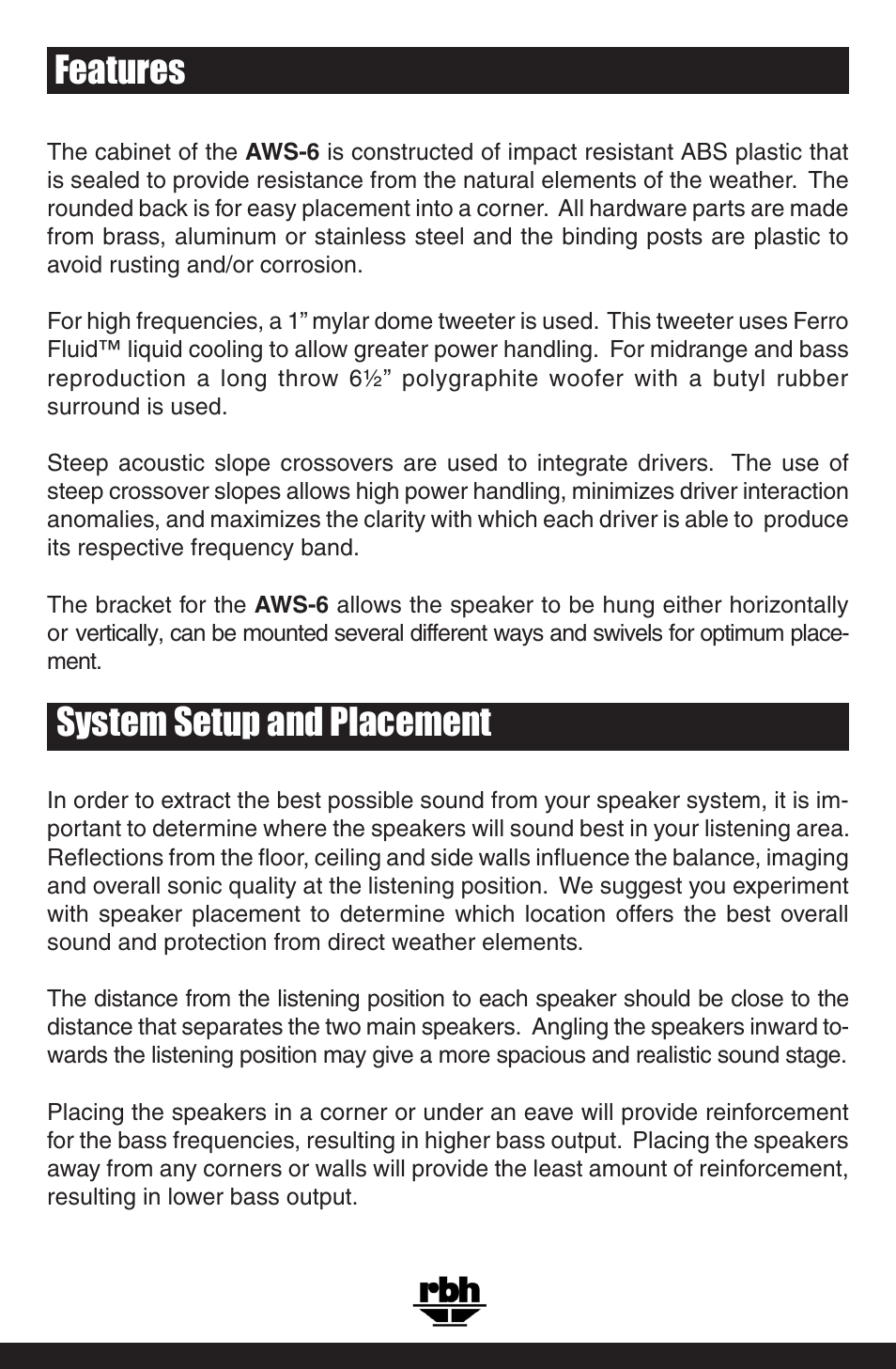 Features system setup and placement | RBH Sound AWS-6 User Manual | Page 3 / 8
