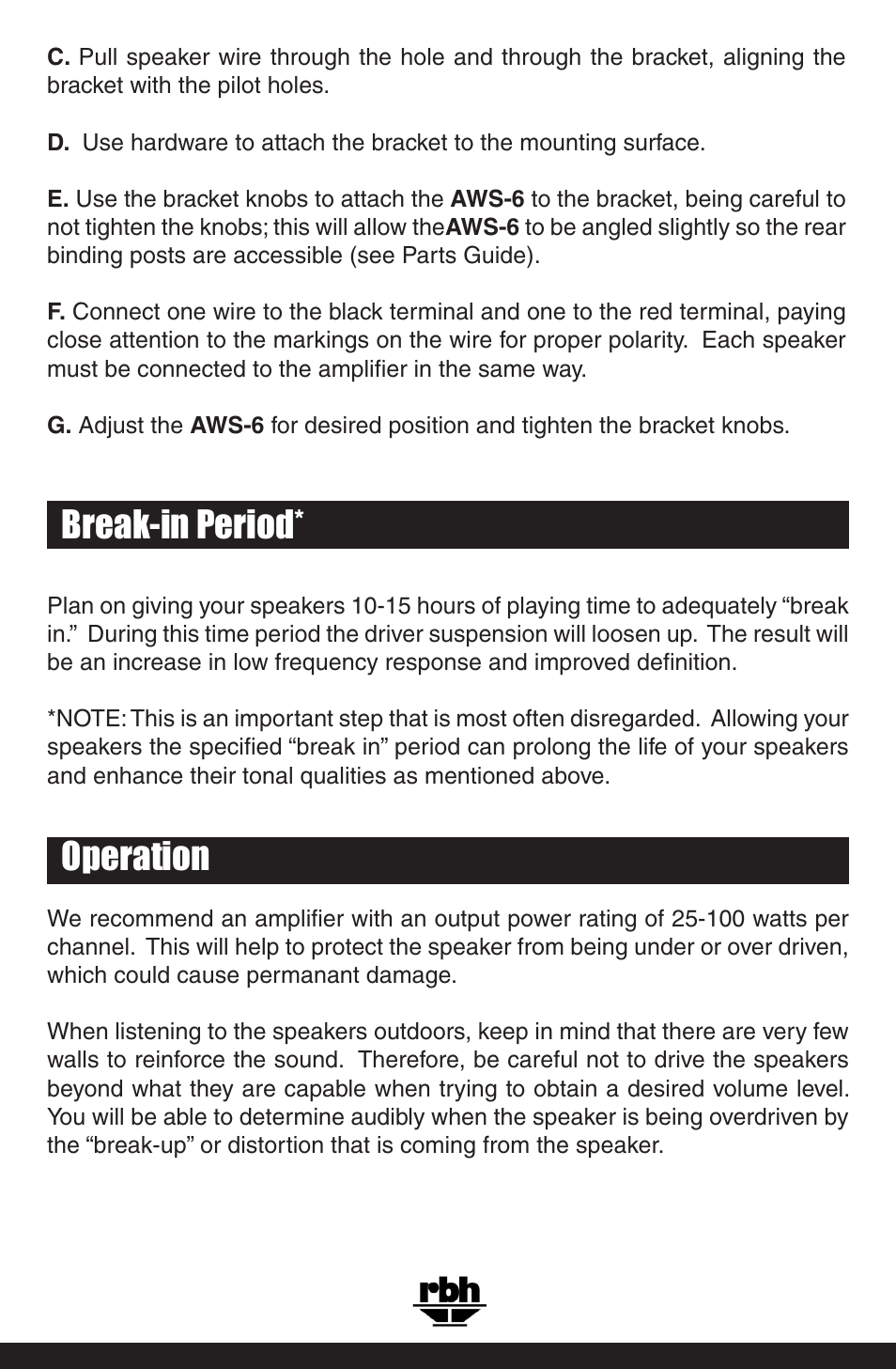 Break-in period* operation | RBH Sound AWS-6 User Manual | Page 5 / 8