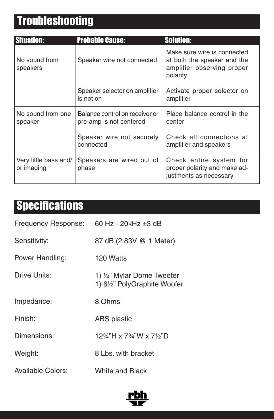 Troubleshooting, Specifications | RBH Sound AWS-6 User Manual | Page 6 / 8