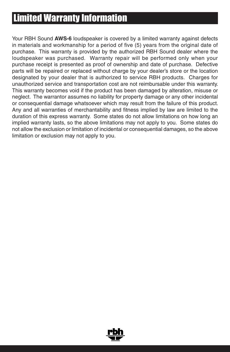 Limited warranty information | RBH Sound AWS-6 User Manual | Page 7 / 8