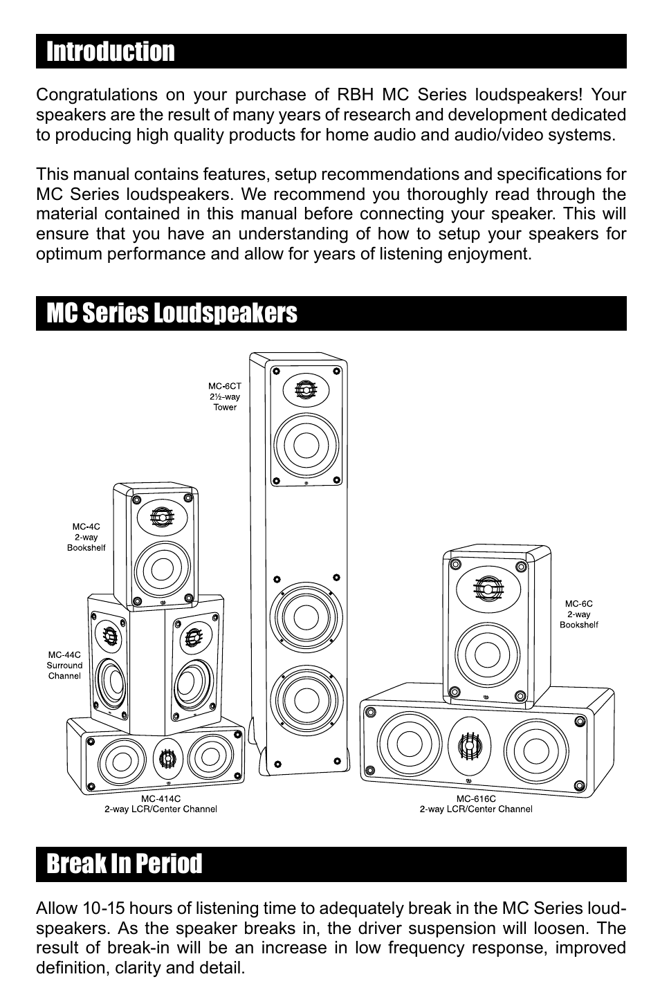 Introduction mc series loudspeakers, Break in period | RBH Sound MC SERIES User Manual | Page 2 / 8