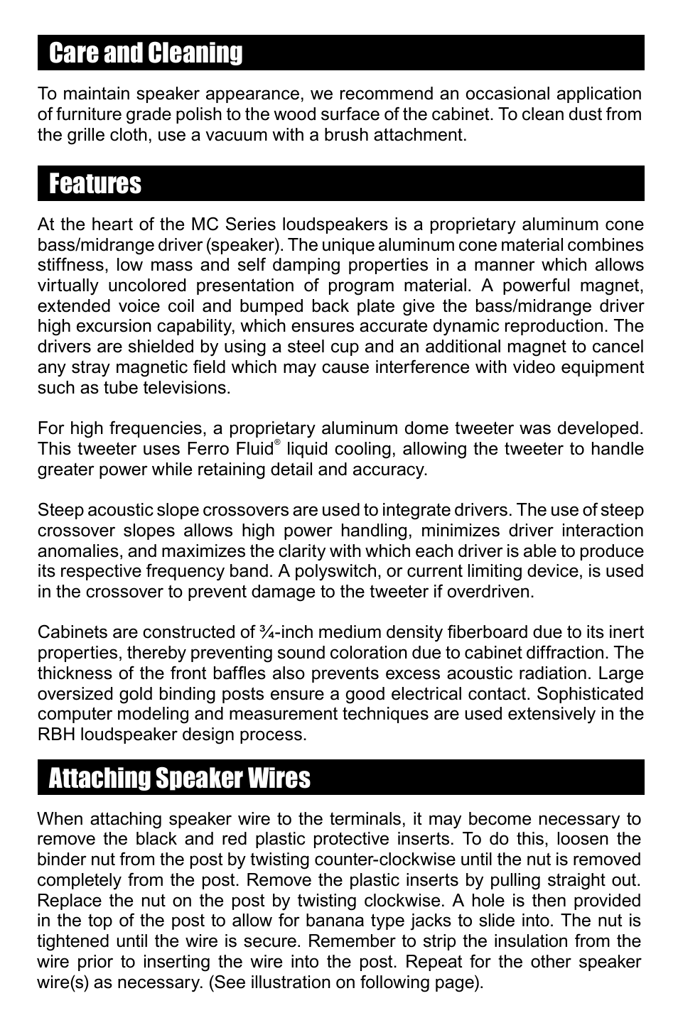 Care and cleaning, Features, Attaching speaker wires | RBH Sound MC SERIES User Manual | Page 3 / 8