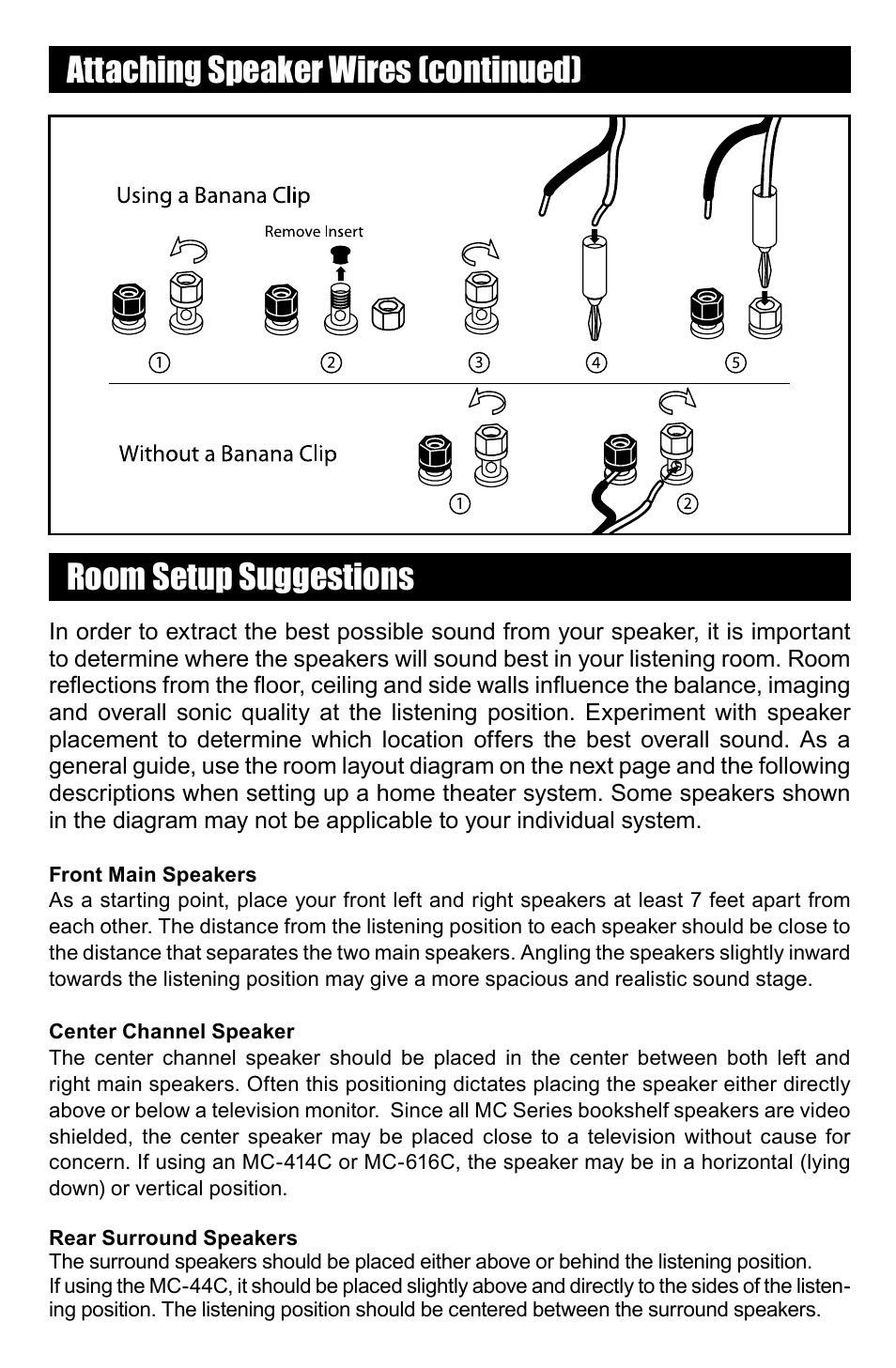 Room setup suggestions, Attaching speaker wires (continued) | RBH Sound MC SERIES User Manual | Page 4 / 8