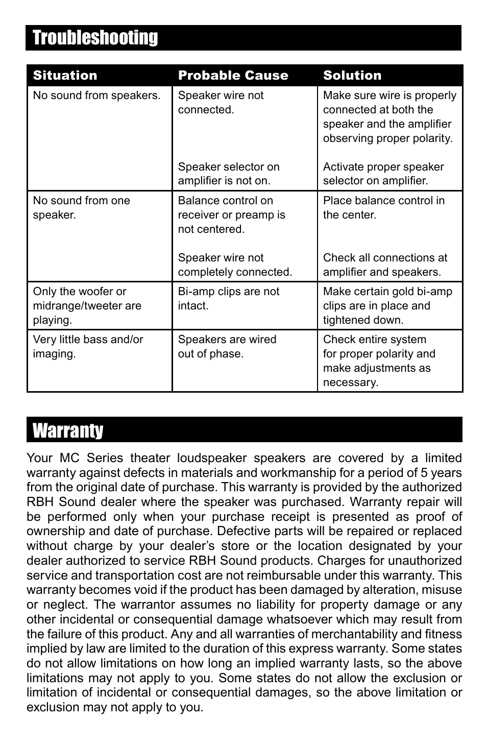 Troubleshooting warranty | RBH Sound MC SERIES User Manual | Page 7 / 8
