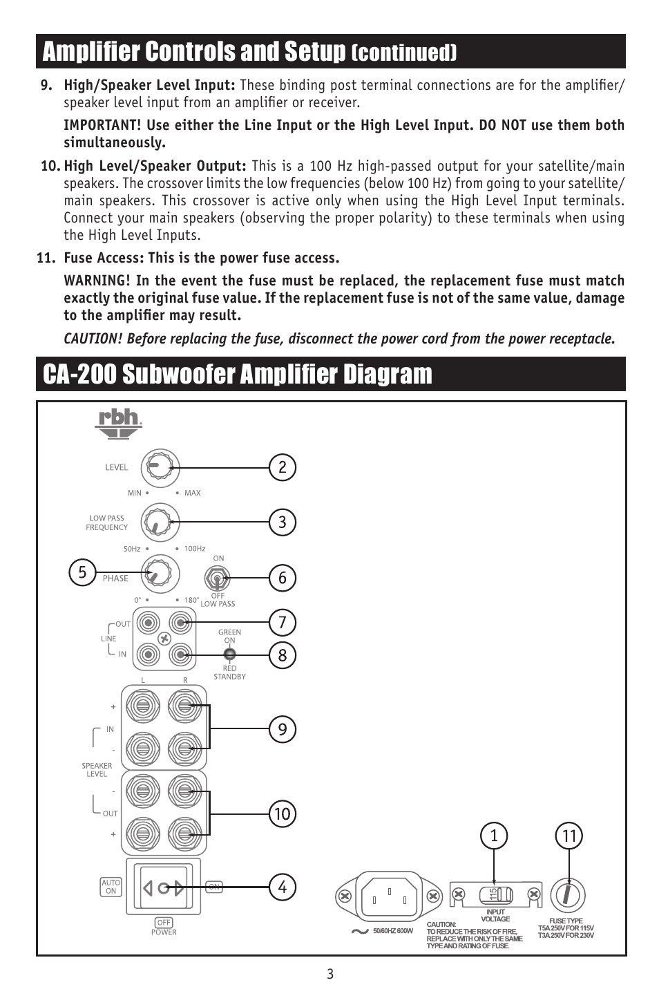 Amplifier controls and setup, Ca-200 subwoofer amplifier diagram, Continued) | RBH Sound CA-200 User Manual | Page 5 / 8