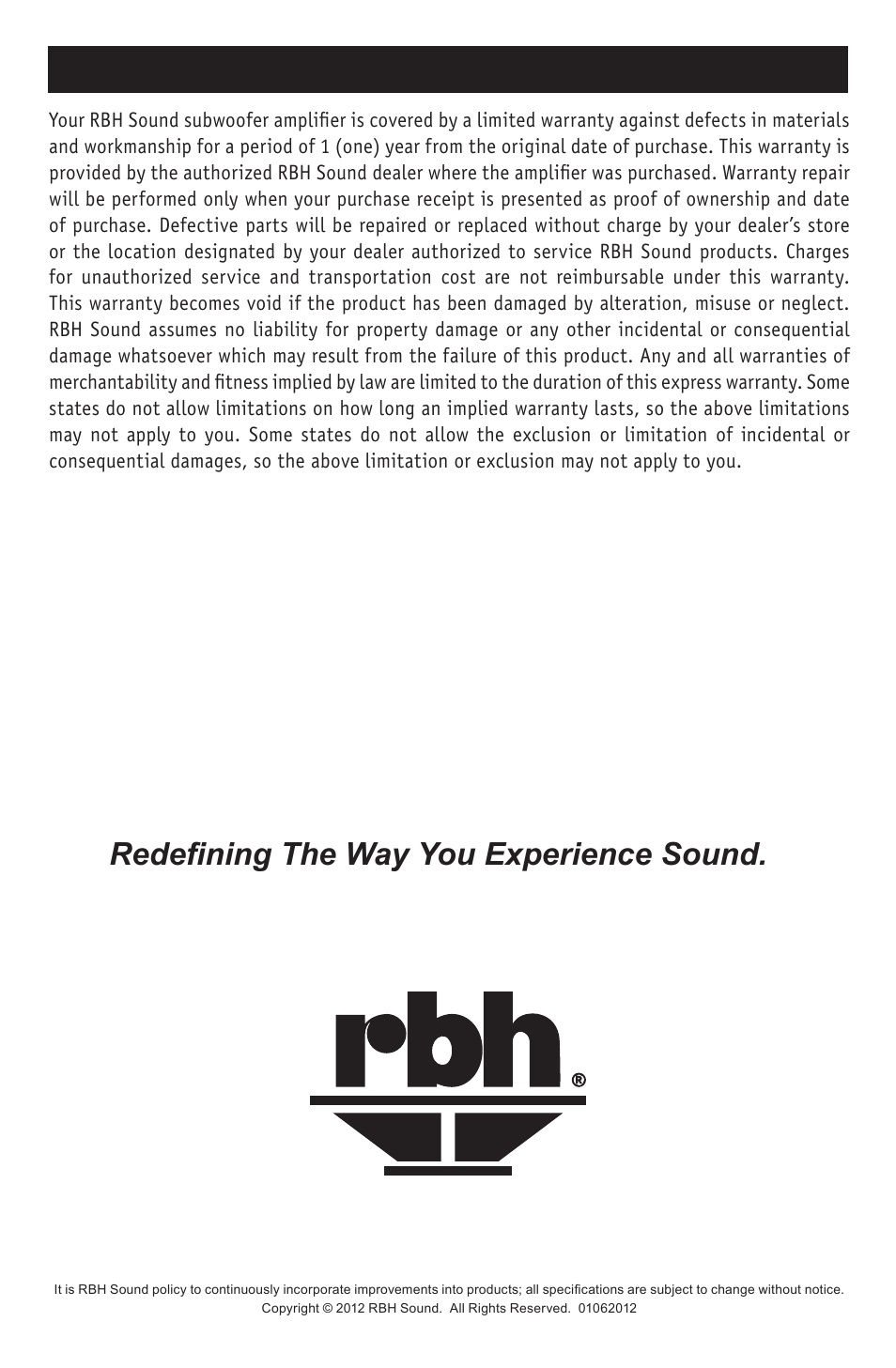 Warranty, Redefining the way you experience sound | RBH Sound CA-200 User Manual | Page 8 / 8