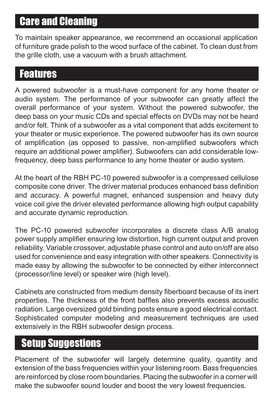 Care and cleaning, Features, Setup suggestions | RBH Sound PC-10 SUBWOOFER User Manual | Page 3 / 8