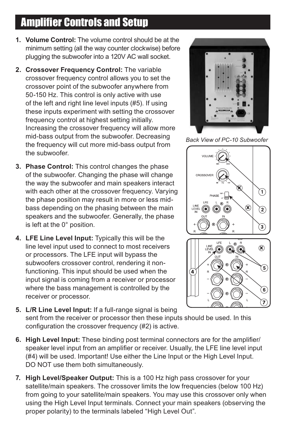 Amplifier controls and setup | RBH Sound PC-10 SUBWOOFER User Manual | Page 5 / 8